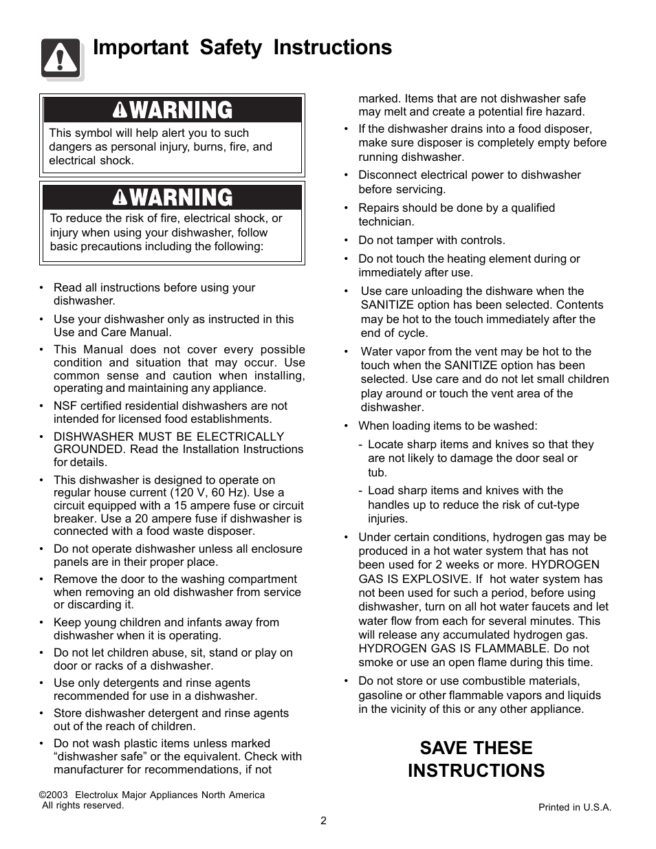 Important safety instructions, Save these instructions | FRIGIDAIRE 154595201 User Manual | Page 2 / 16