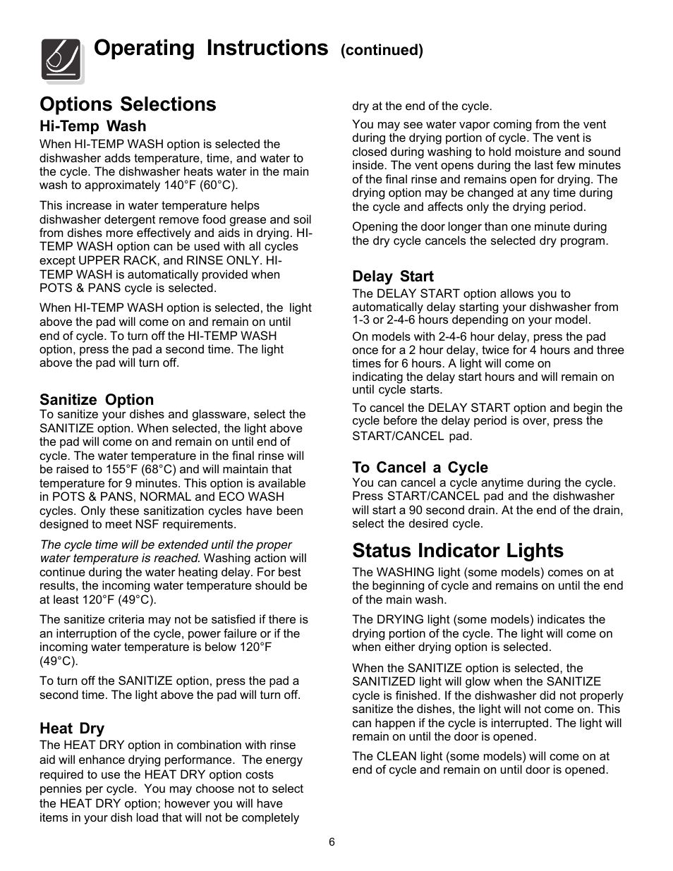 Operating instructions, Status indicator lights, Options selections | FRIGIDAIRE 154595201 User Manual | Page 6 / 16