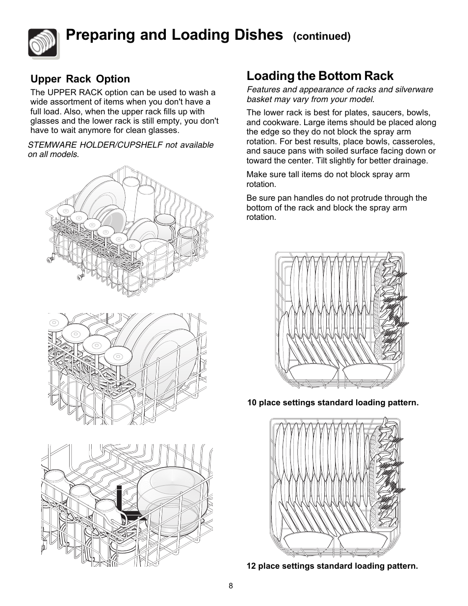 Preparing and loading dishes, Loading the bottom rack | FRIGIDAIRE 154595201 User Manual | Page 8 / 16