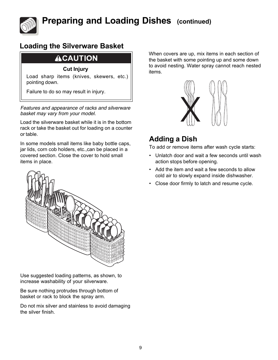 Preparing and loading dishes, Loading the silverware basket adding a dish | FRIGIDAIRE 154595201 User Manual | Page 9 / 16