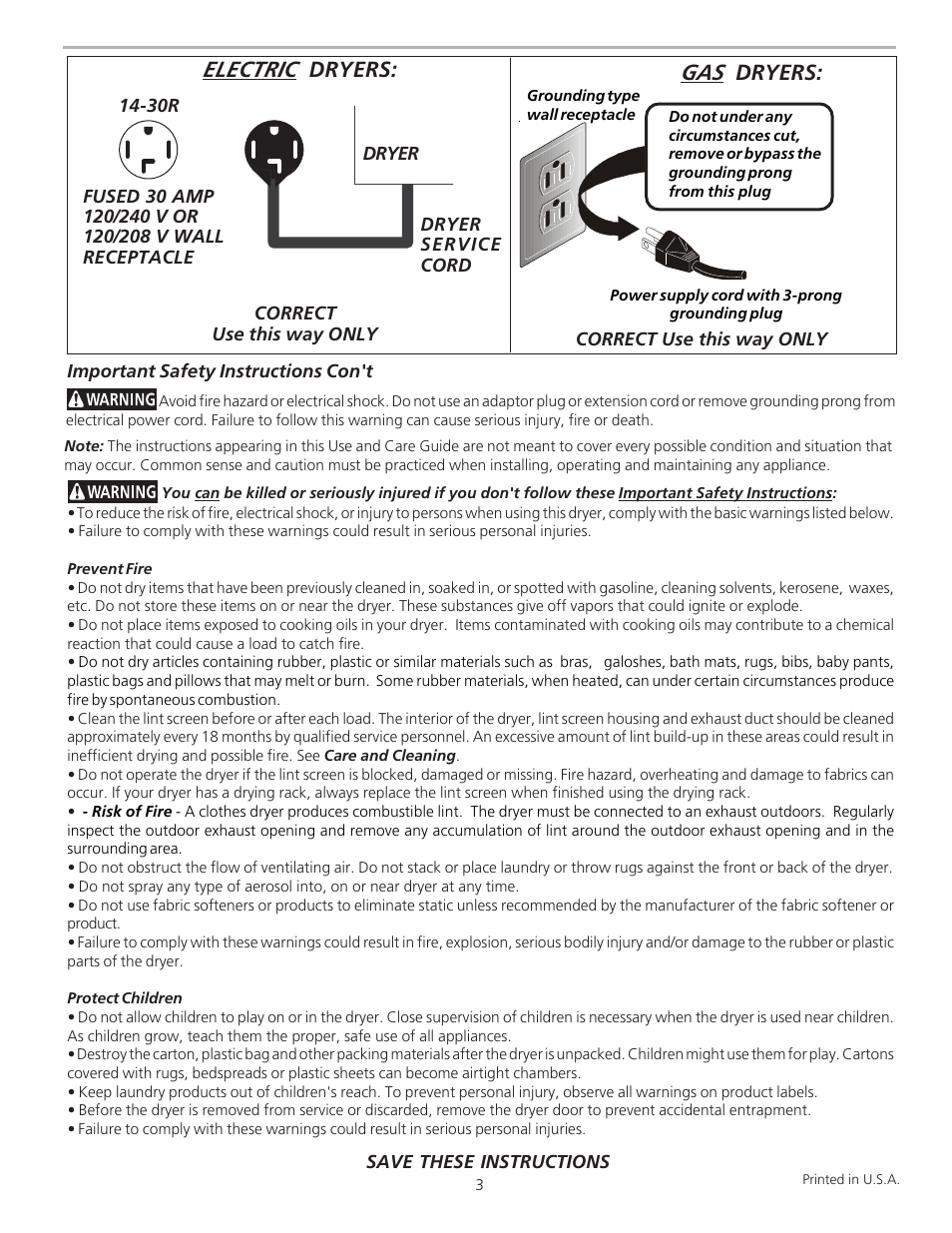 Electric, Dryers | FRIGIDAIRE 134763300A User Manual | Page 3 / 8