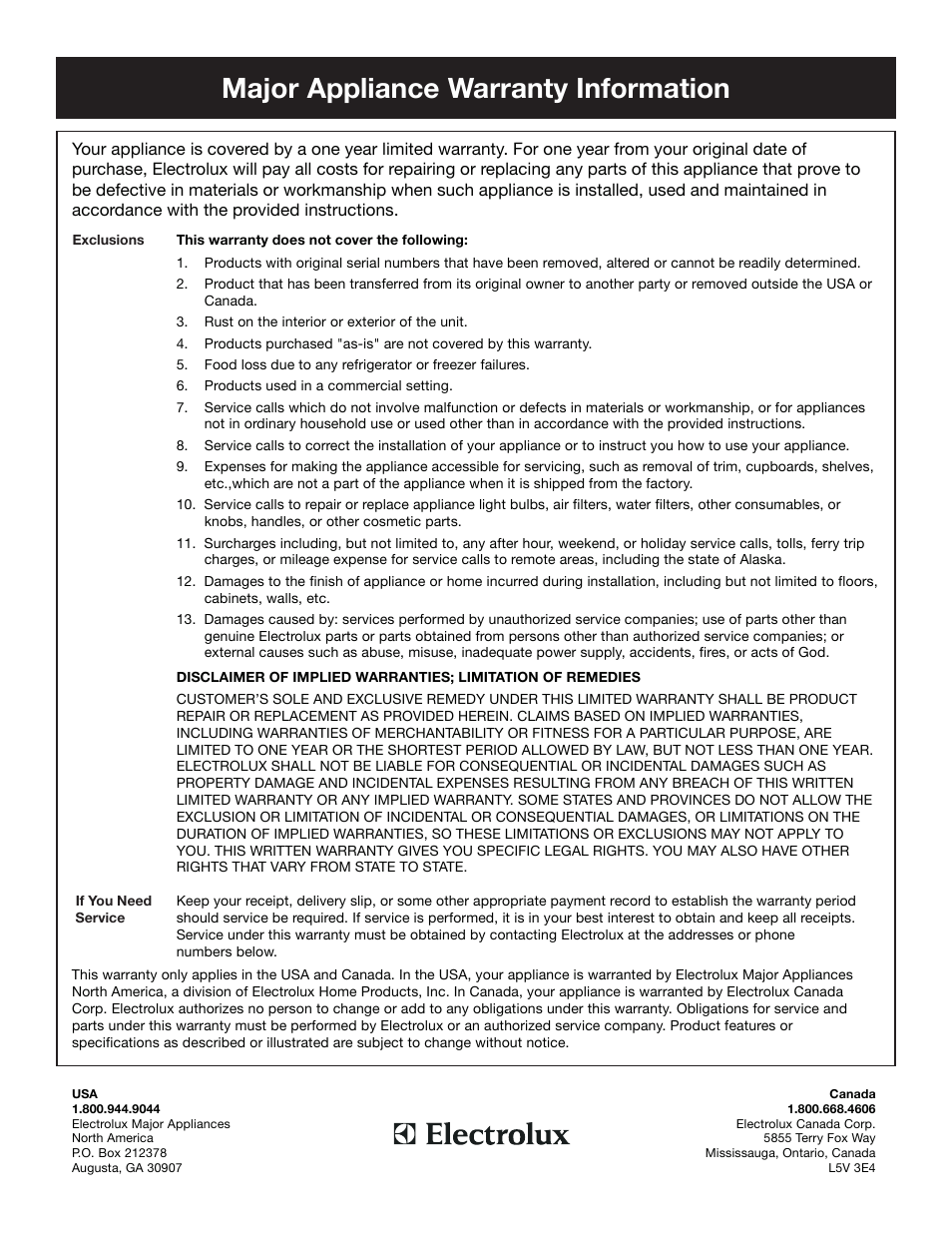 Major appliance warranty information | FRIGIDAIRE 134763300A User Manual | Page 8 / 8