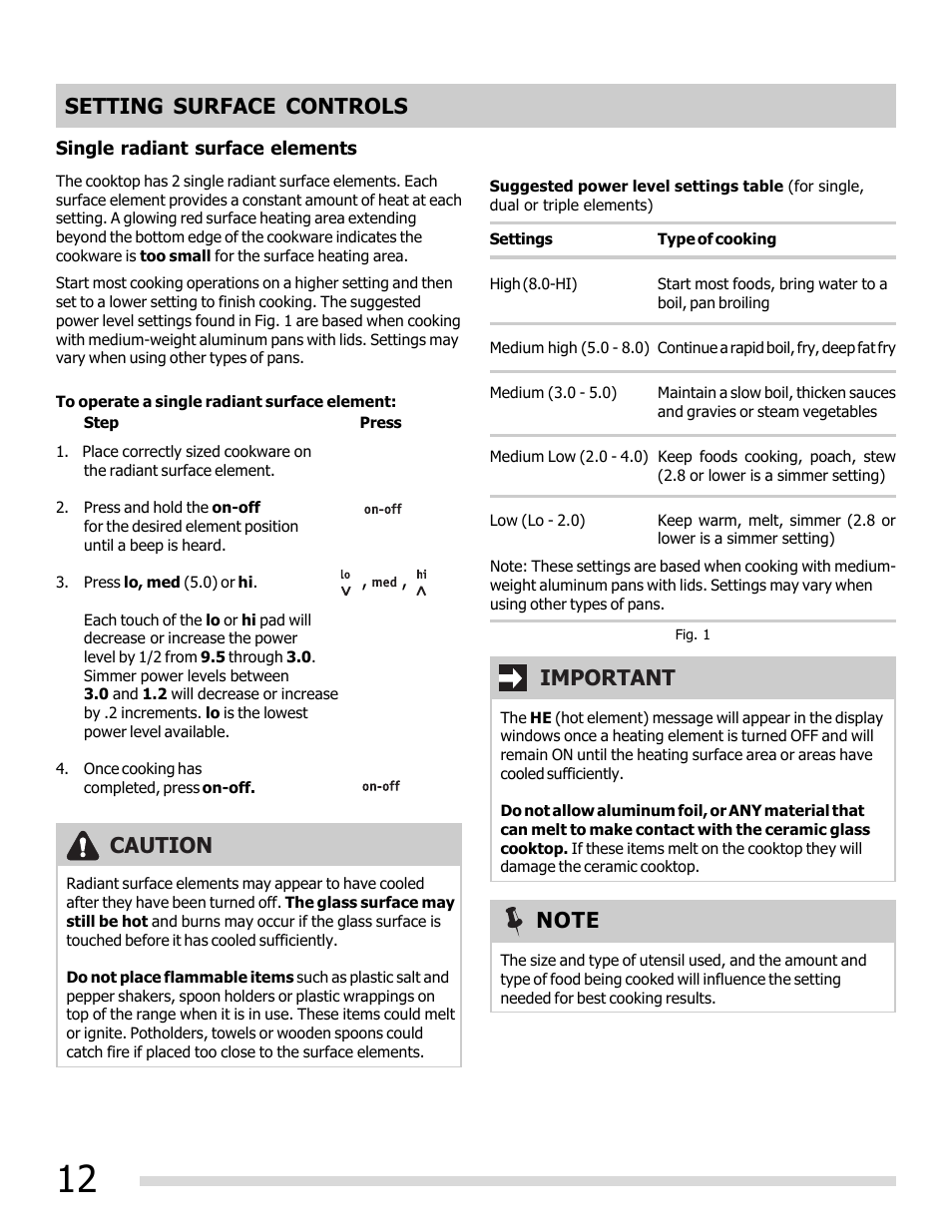 Setting surface controls, Caution, Important | FRIGIDAIRE 316902202 User Manual | Page 12 / 40