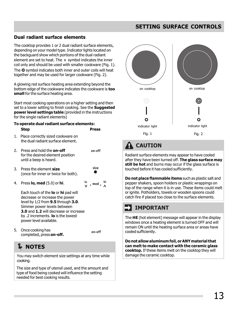 Setting surface controls, Caution, Important | FRIGIDAIRE 316902202 User Manual | Page 13 / 40
