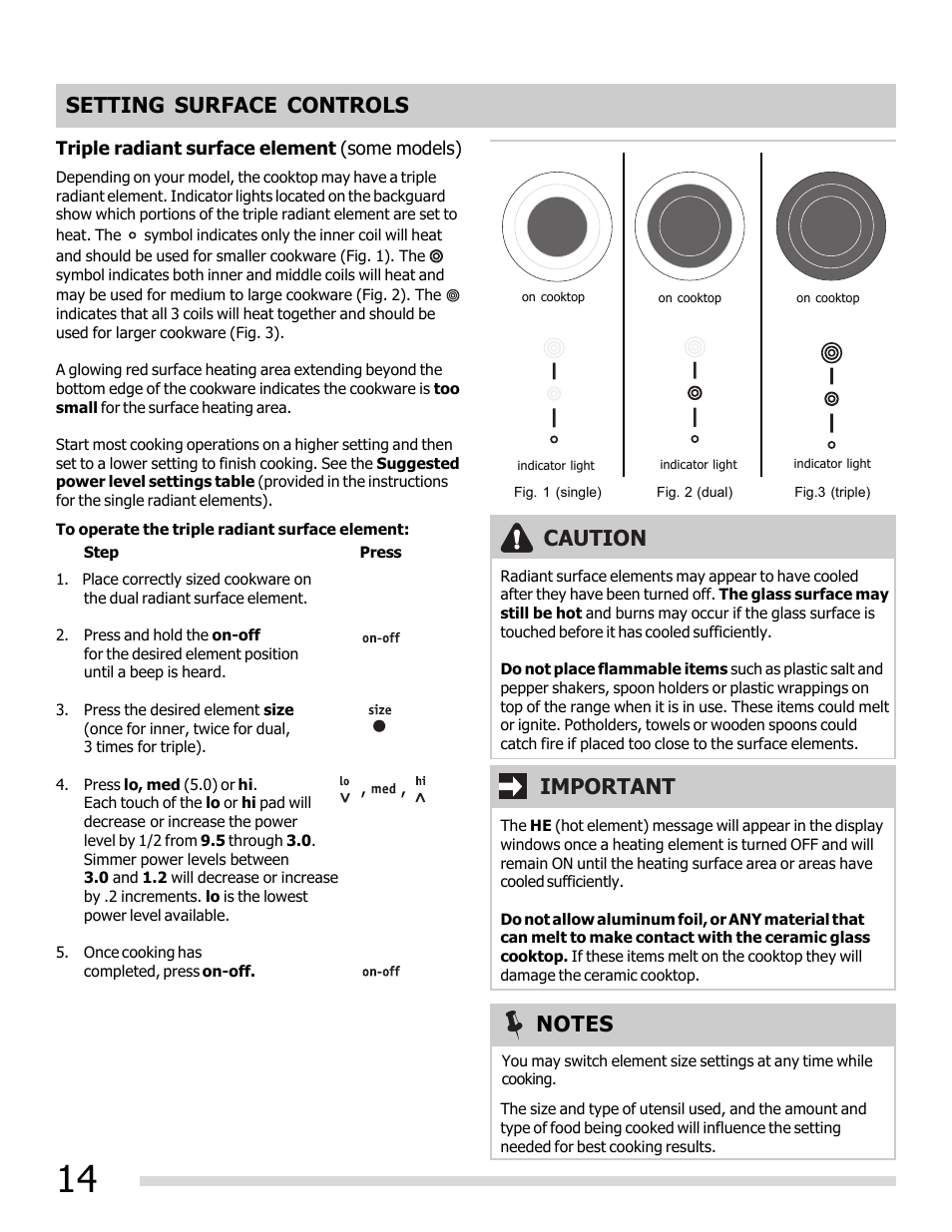 Setting surface controls, Caution, Important | FRIGIDAIRE 316902202 User Manual | Page 14 / 40