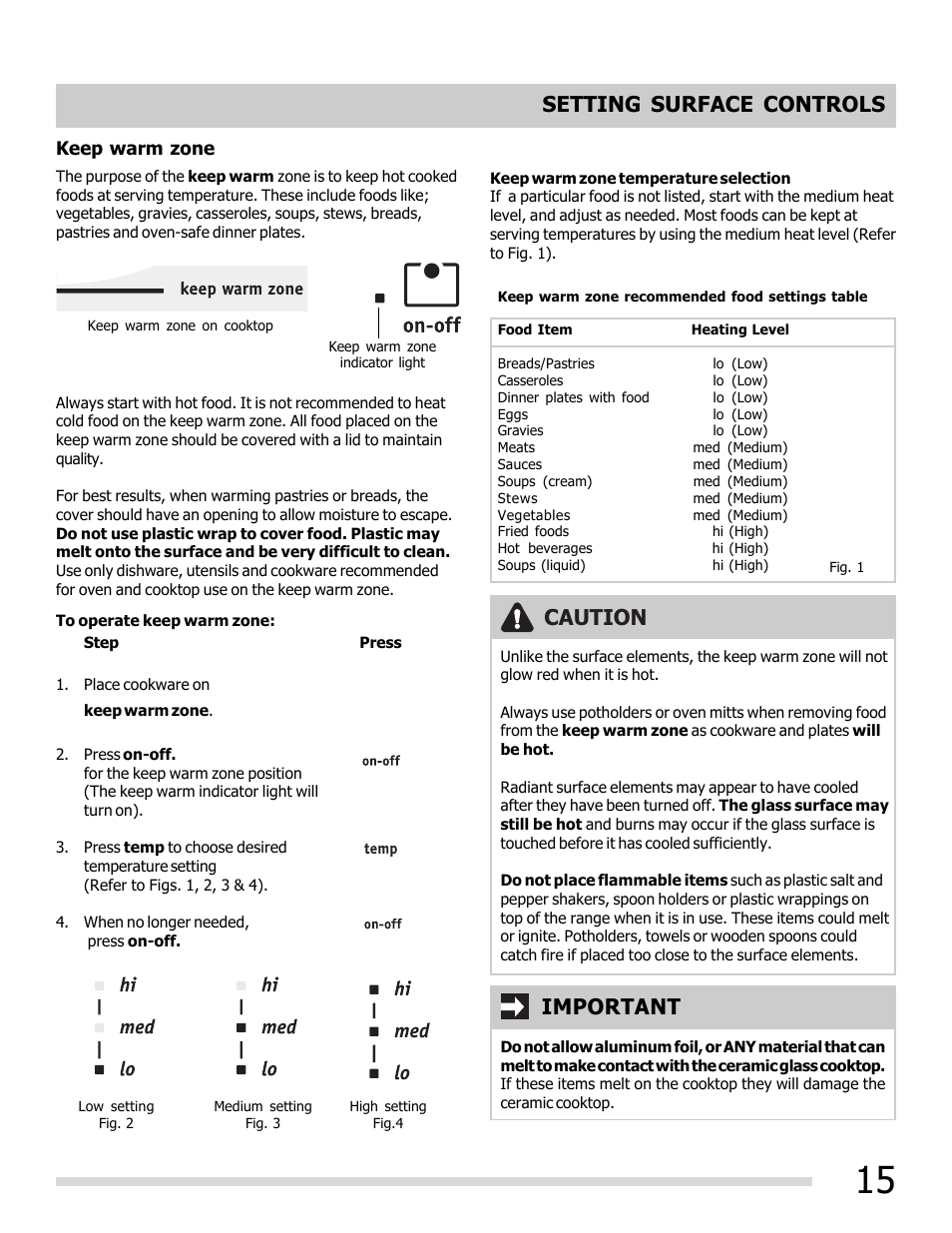 Caution, Important, Setting surface controls | FRIGIDAIRE 316902202 User Manual | Page 15 / 40