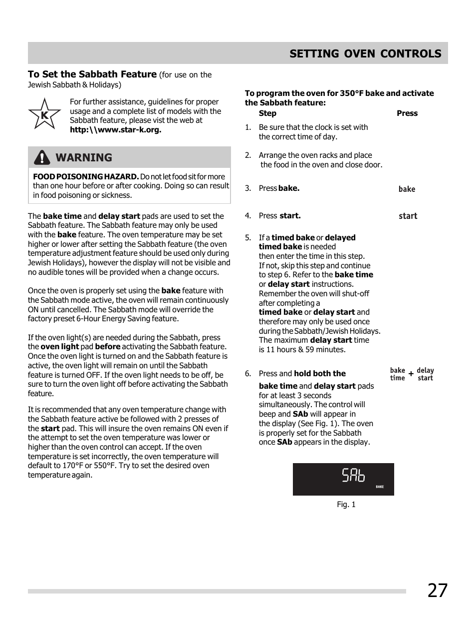 Warning, Setting oven controls | FRIGIDAIRE 316902202 User Manual | Page 27 / 40