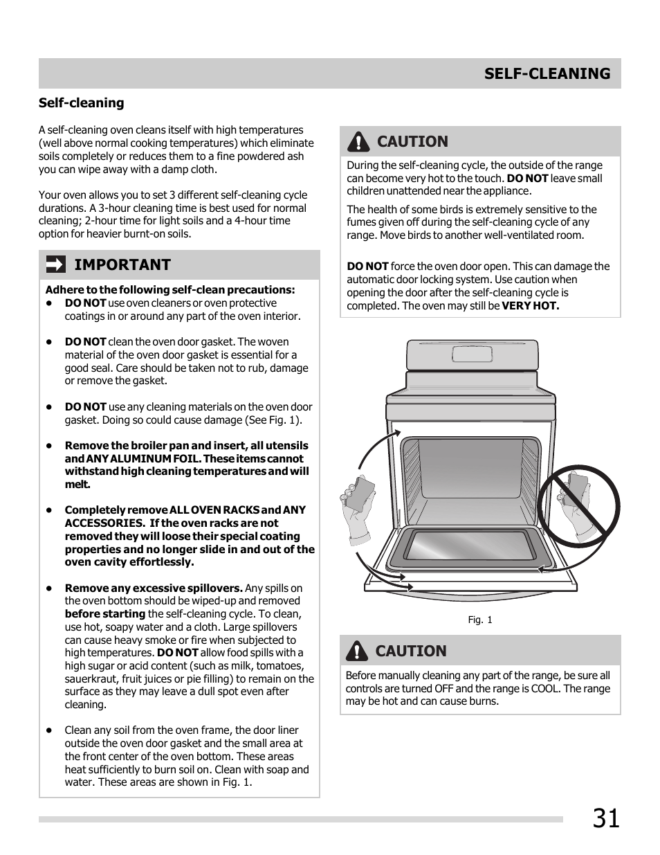 Caution, Important self-cleaning | FRIGIDAIRE 316902202 User Manual | Page 31 / 40