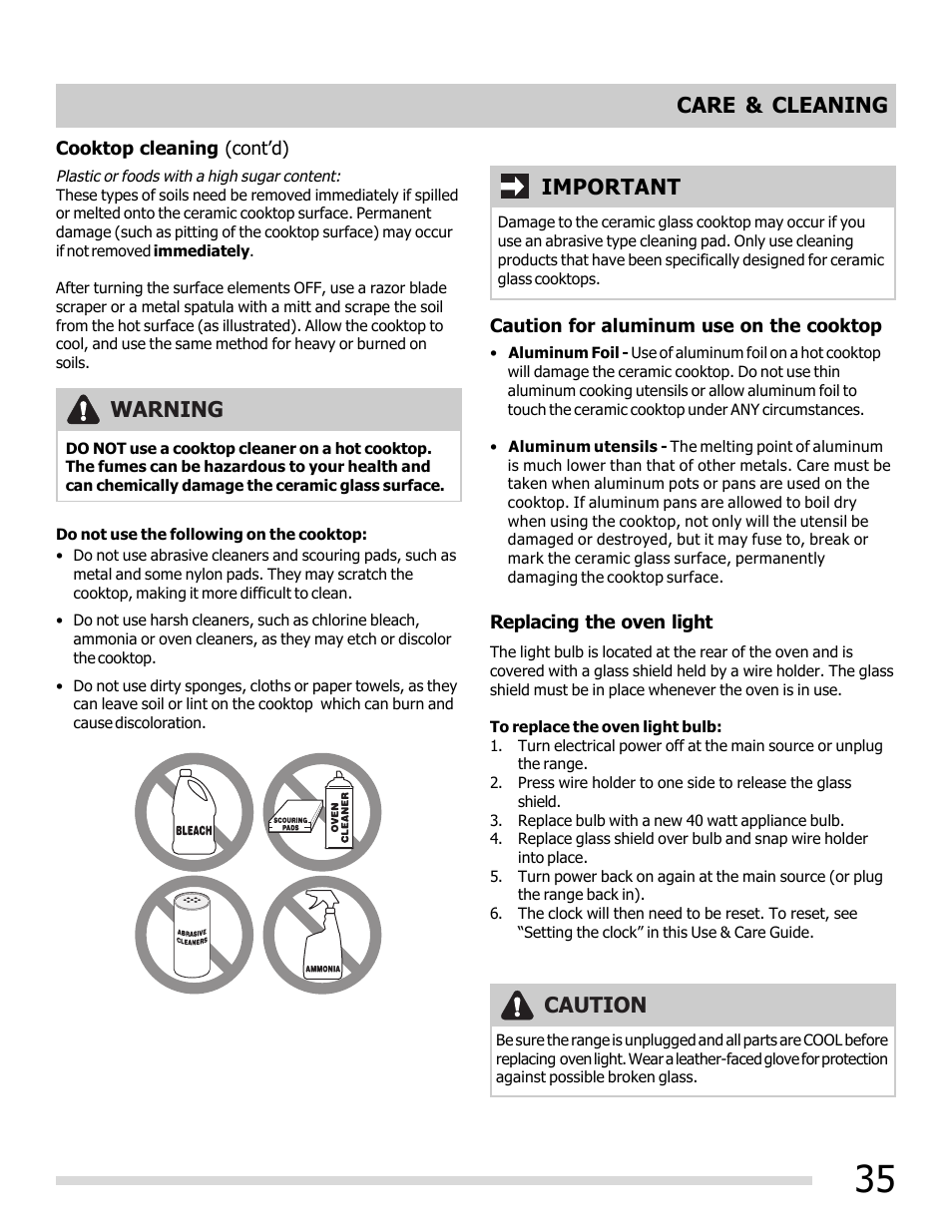Care & cleaning, Important, Warning | Caution | FRIGIDAIRE 316902202 User Manual | Page 35 / 40