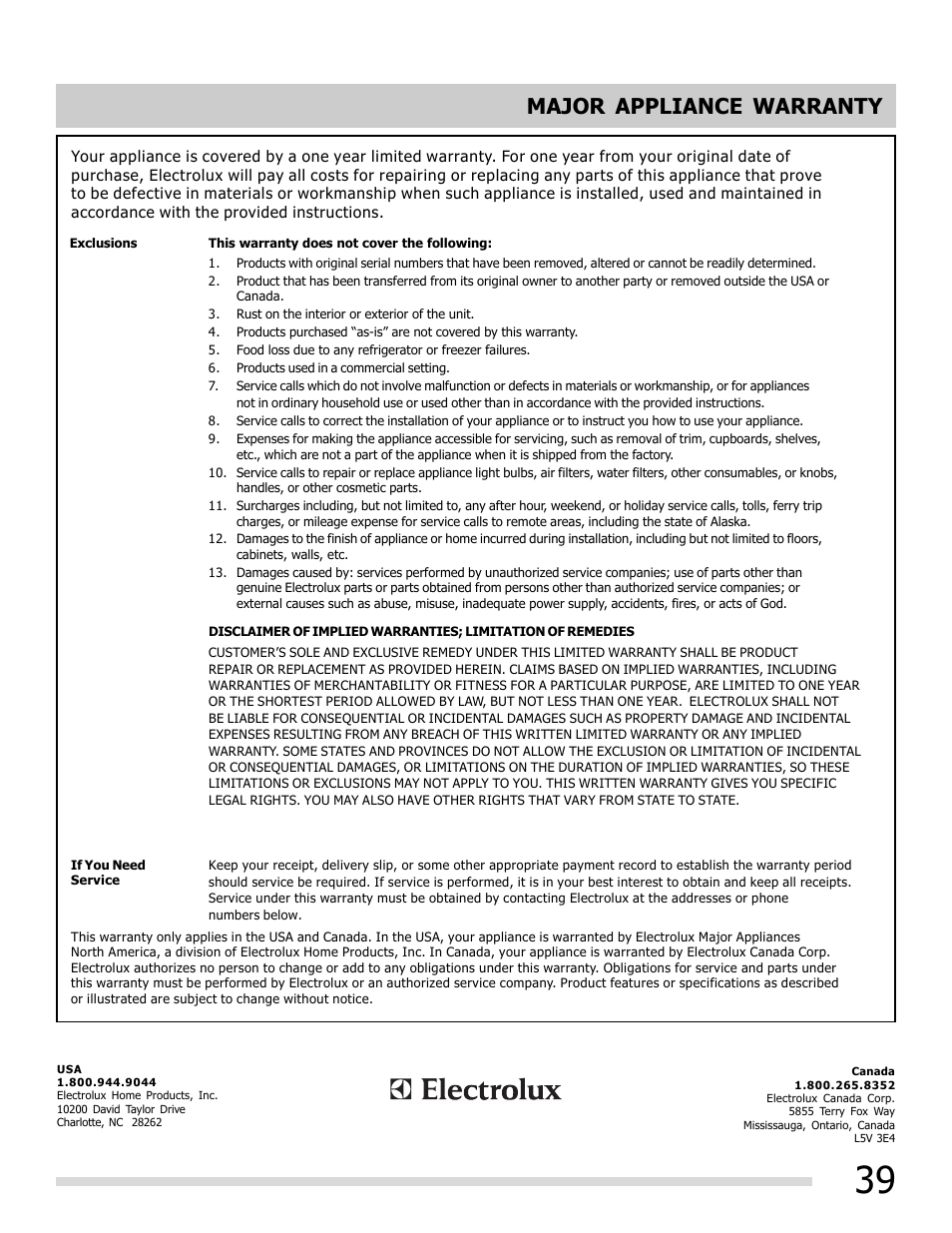 This page is left blank intentionally, Major appliance warranty | FRIGIDAIRE 316902202 User Manual | Page 39 / 40