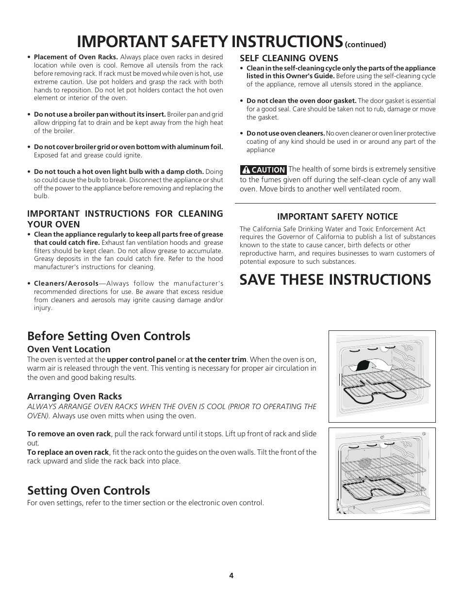 Important safety instructions, Save these instructions, Before setting oven controls | Setting oven controls | FRIGIDAIRE 318200919 User Manual | Page 4 / 16