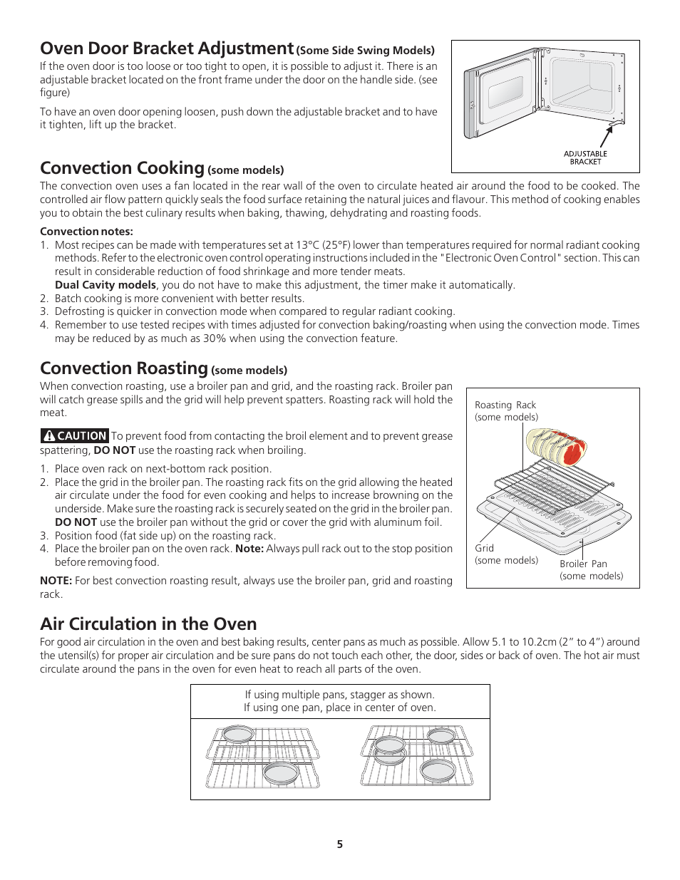 Oven door bracket adjustment, Convection cooking, Convection roasting | Air circulation in the oven | FRIGIDAIRE 318200919 User Manual | Page 5 / 16
