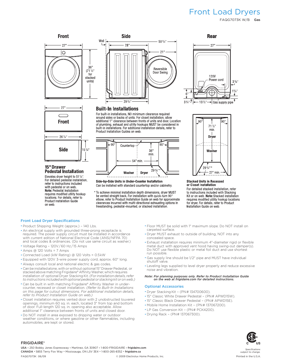Front load dryers | FRIGIDAIRE FAQG7073K User Manual | Page 2 / 2
