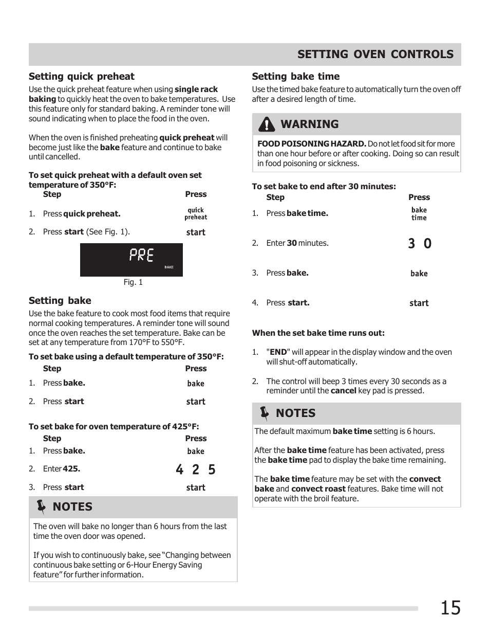 Setting oven controls, Warning | FRIGIDAIRE CGGF3054KF User Manual | Page 15 / 32