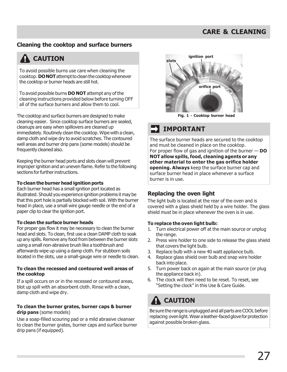 Caution, Important care & cleaning | FRIGIDAIRE CGGF3054KF User Manual | Page 27 / 32
