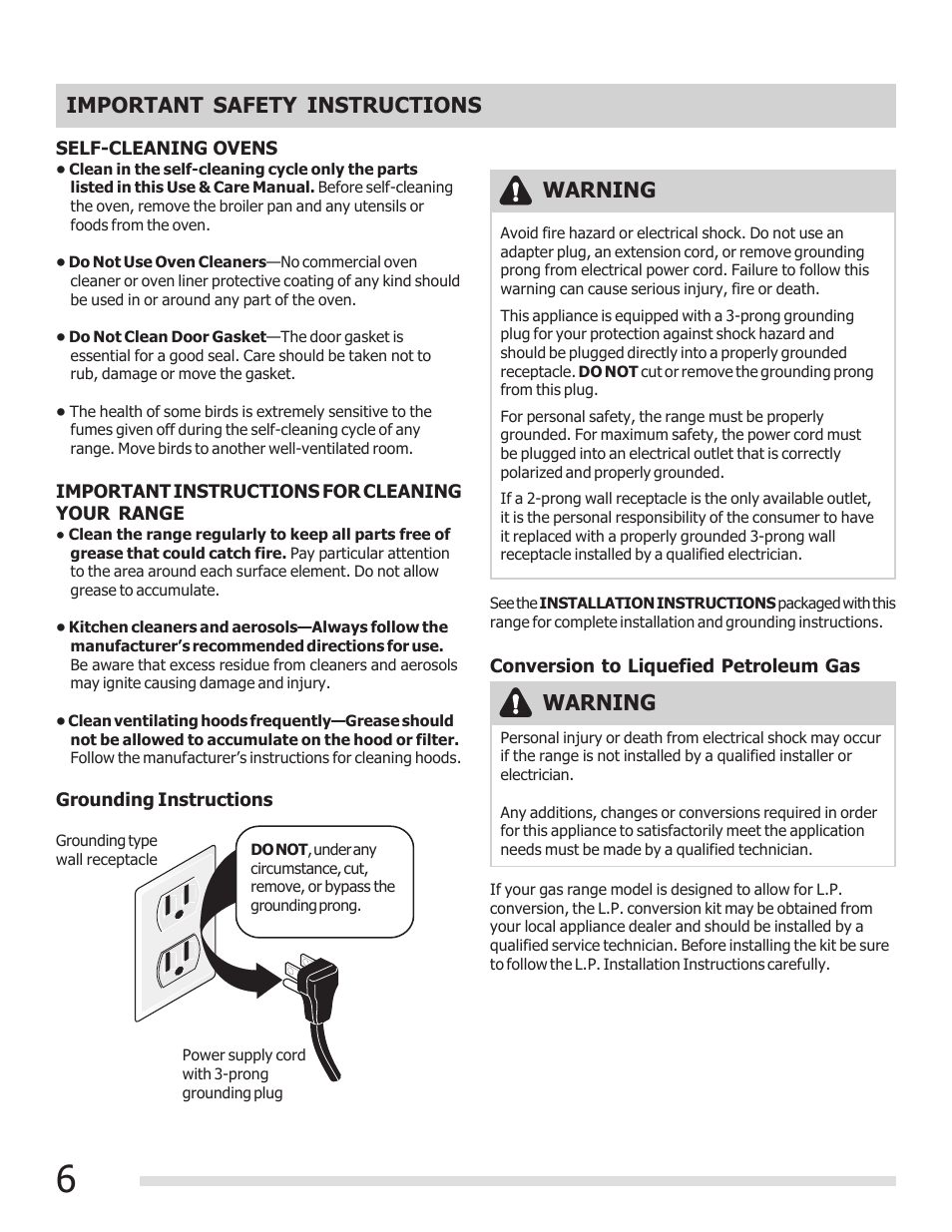 Important safety instructions, Warning | FRIGIDAIRE CGGF3054KF User Manual | Page 6 / 32