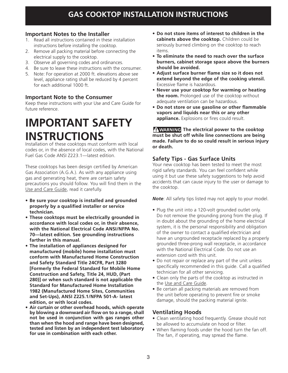 Important safety instructions, Gas cooktop installation instructions | FRIGIDAIRE 318201452 User Manual | Page 3 / 24