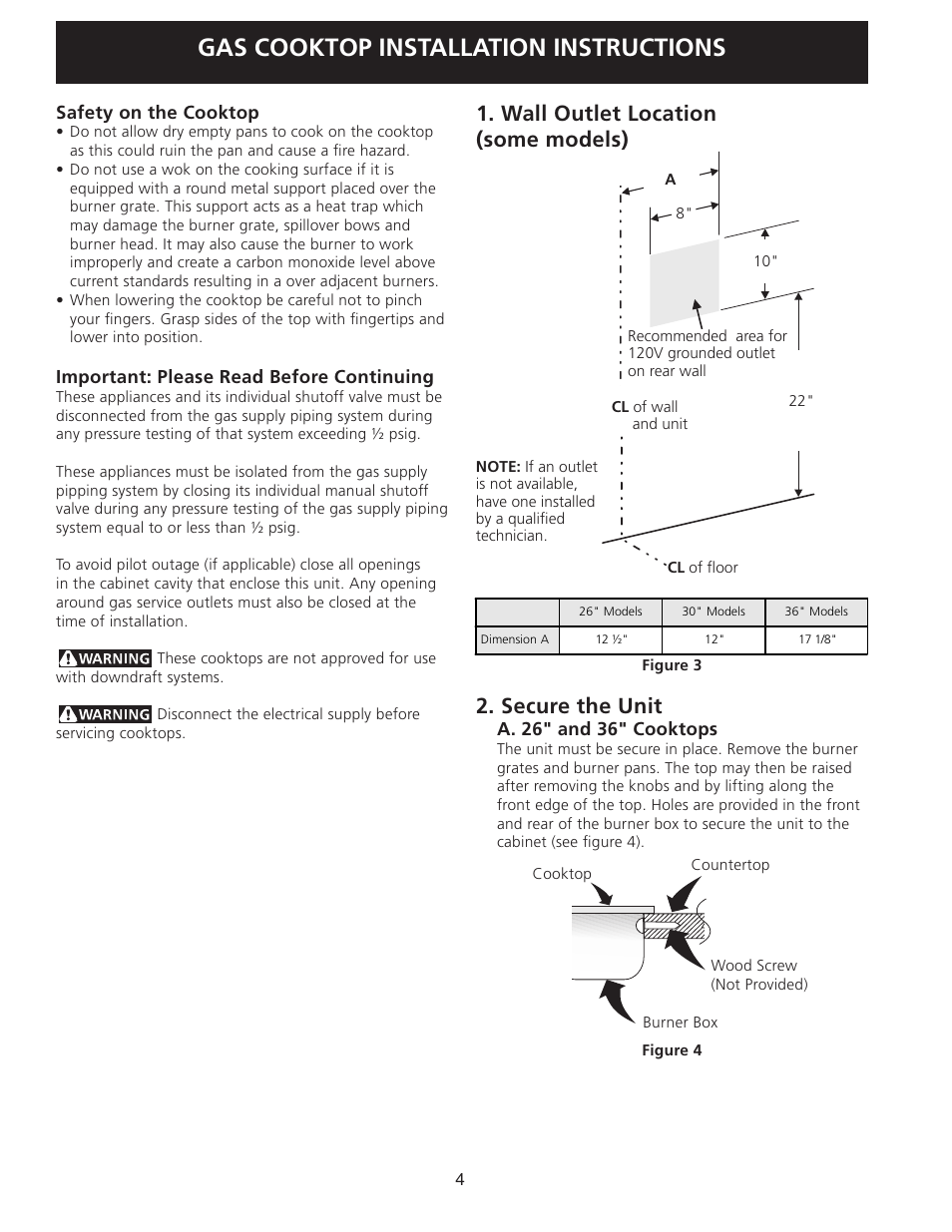 Gas cooktop installation instructions, Secure the unit, Wall outlet location (some models) | FRIGIDAIRE 318201452 User Manual | Page 4 / 24