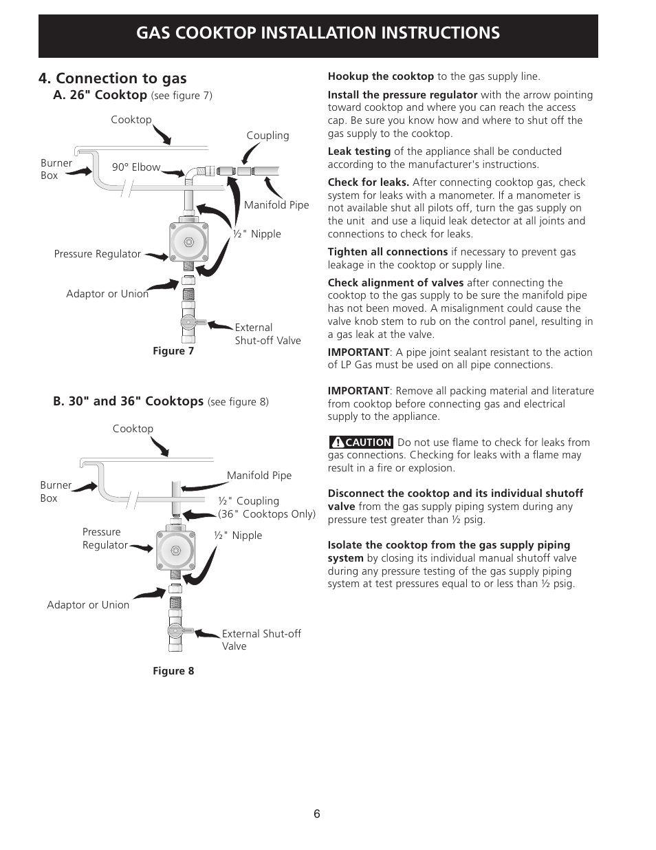 Gas cooktop installation instructions, Connection to gas | FRIGIDAIRE 318201452 User Manual | Page 6 / 24