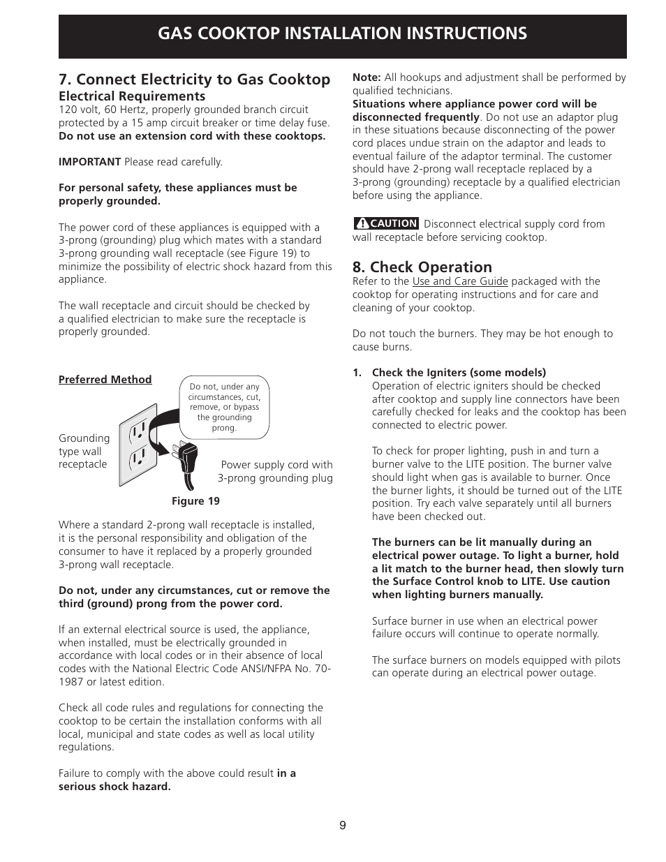 Gas cooktop installation instructions, Connect electricity to gas cooktop, Check operation | FRIGIDAIRE 318201452 User Manual | Page 9 / 24