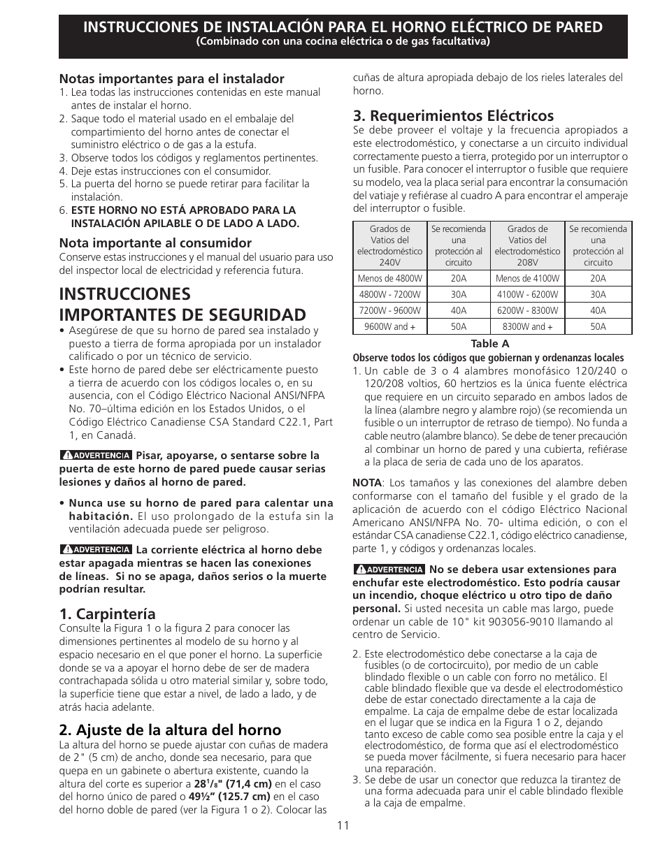 Instrucciones importantes de seguridad, Carpintería, Ajuste de la altura del horno | Requerimientos eléctricos | FRIGIDAIRE 318201532 User Manual | Page 11 / 24