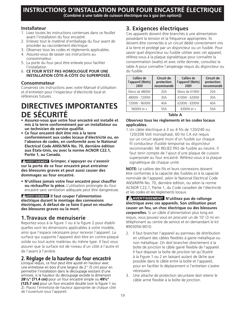 Directives importantes de sécurité, Travaux de menuiserie, Réglage de la hauteur du four encastré | Exigences électriques | FRIGIDAIRE 318201532 User Manual | Page 19 / 24