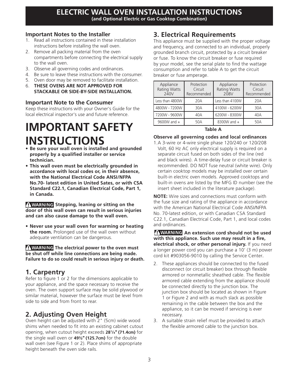 Important safety instructions, Electric wall oven installation instructions, Carpentry | Adjusting oven height, Electrical requirements | FRIGIDAIRE 318201532 User Manual | Page 3 / 24