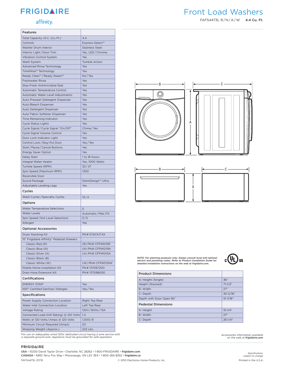 Front load washers | FRIGIDAIRE FAFS4473L User Manual | Page 2 / 2