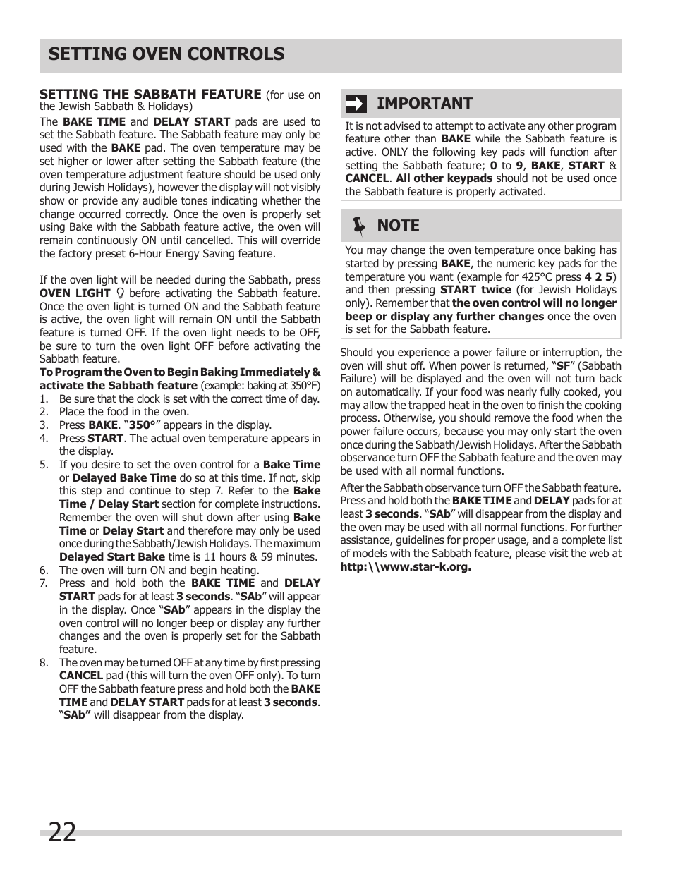 Setting oven controls, Important | FRIGIDAIRE 318205312 User Manual | Page 22 / 32