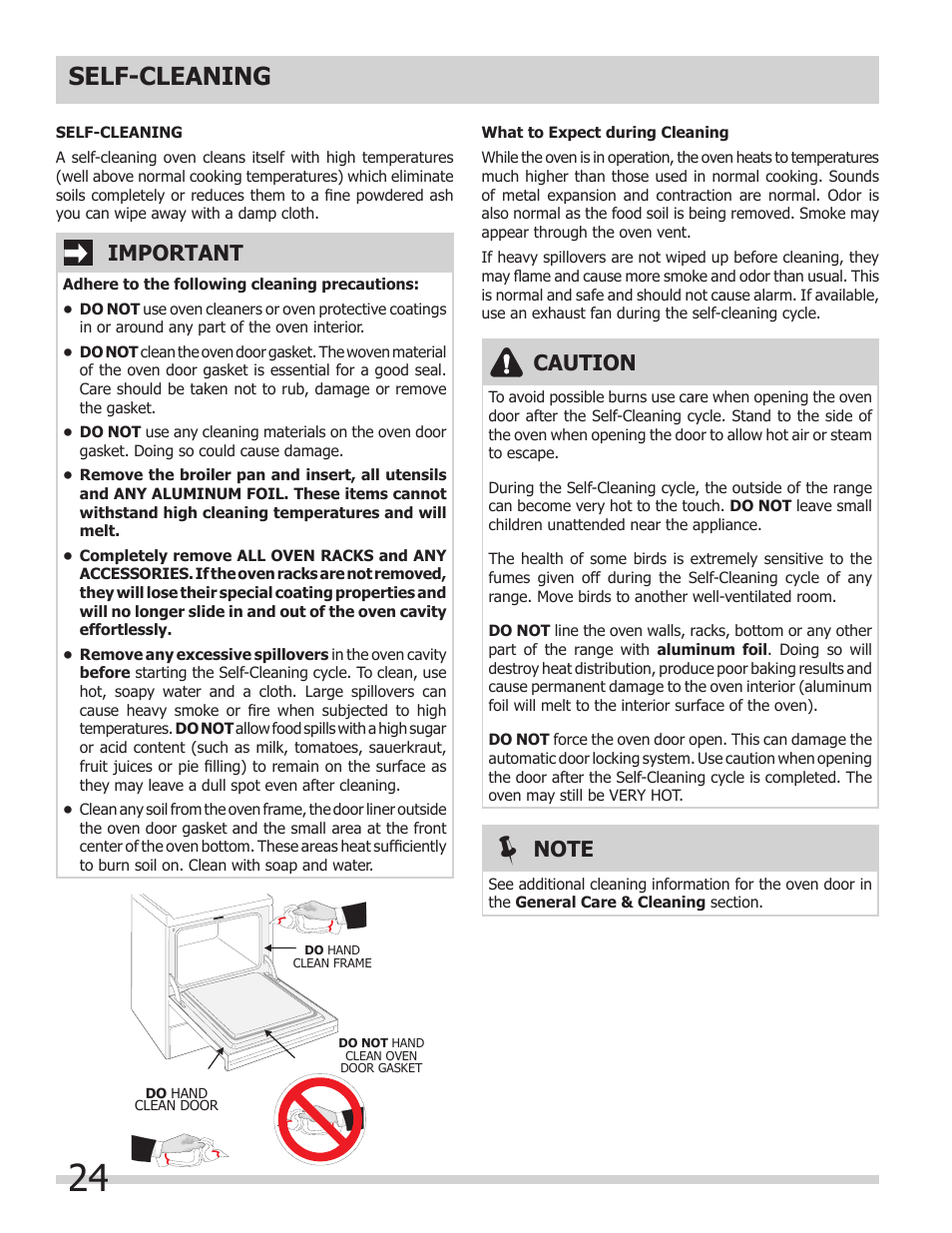 Self-cleaning, Caution, Important | FRIGIDAIRE 318205312 User Manual | Page 24 / 32