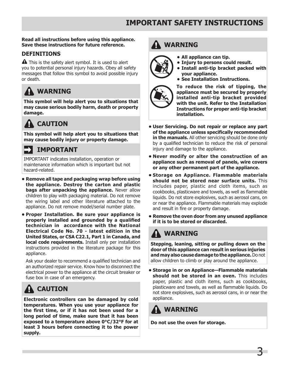 Important safety instructions, Warning, Important | Caution | FRIGIDAIRE 318205312 User Manual | Page 3 / 32