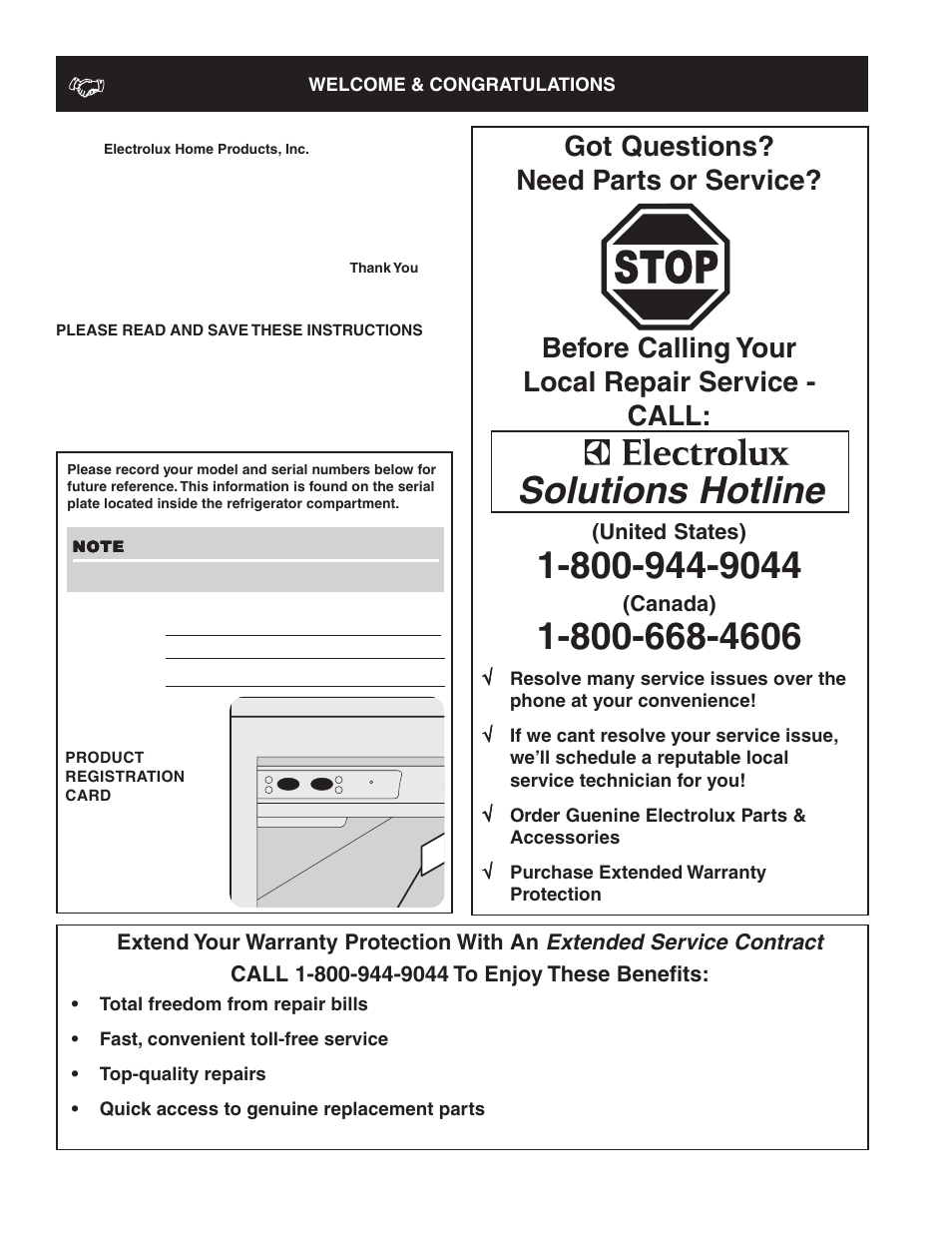 Solutions hotline | FRIGIDAIRE 241814800 User Manual | Page 2 / 28