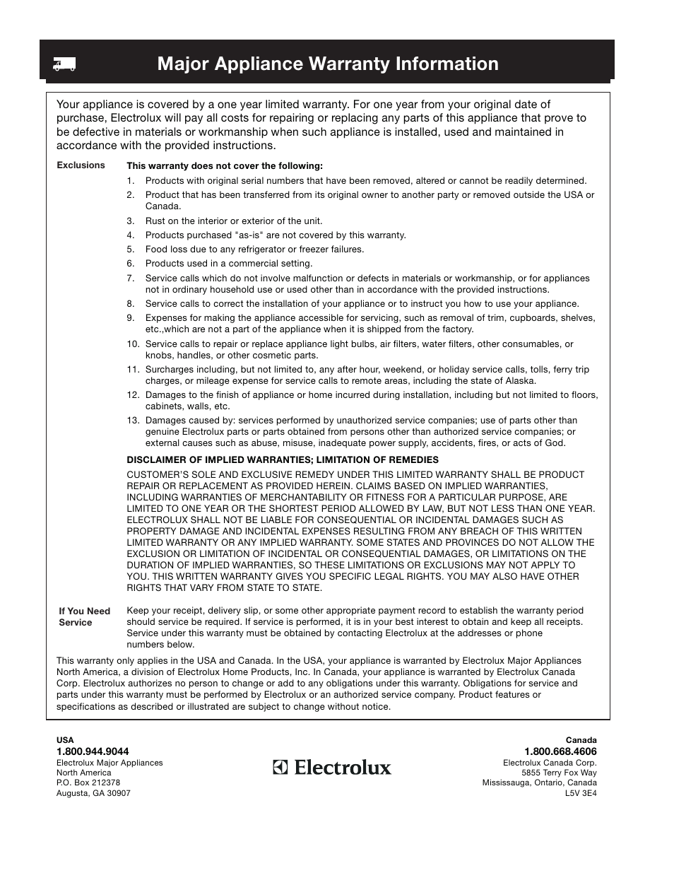 Major appliance warranty information | FRIGIDAIRE 241814800 User Manual | Page 24 / 28