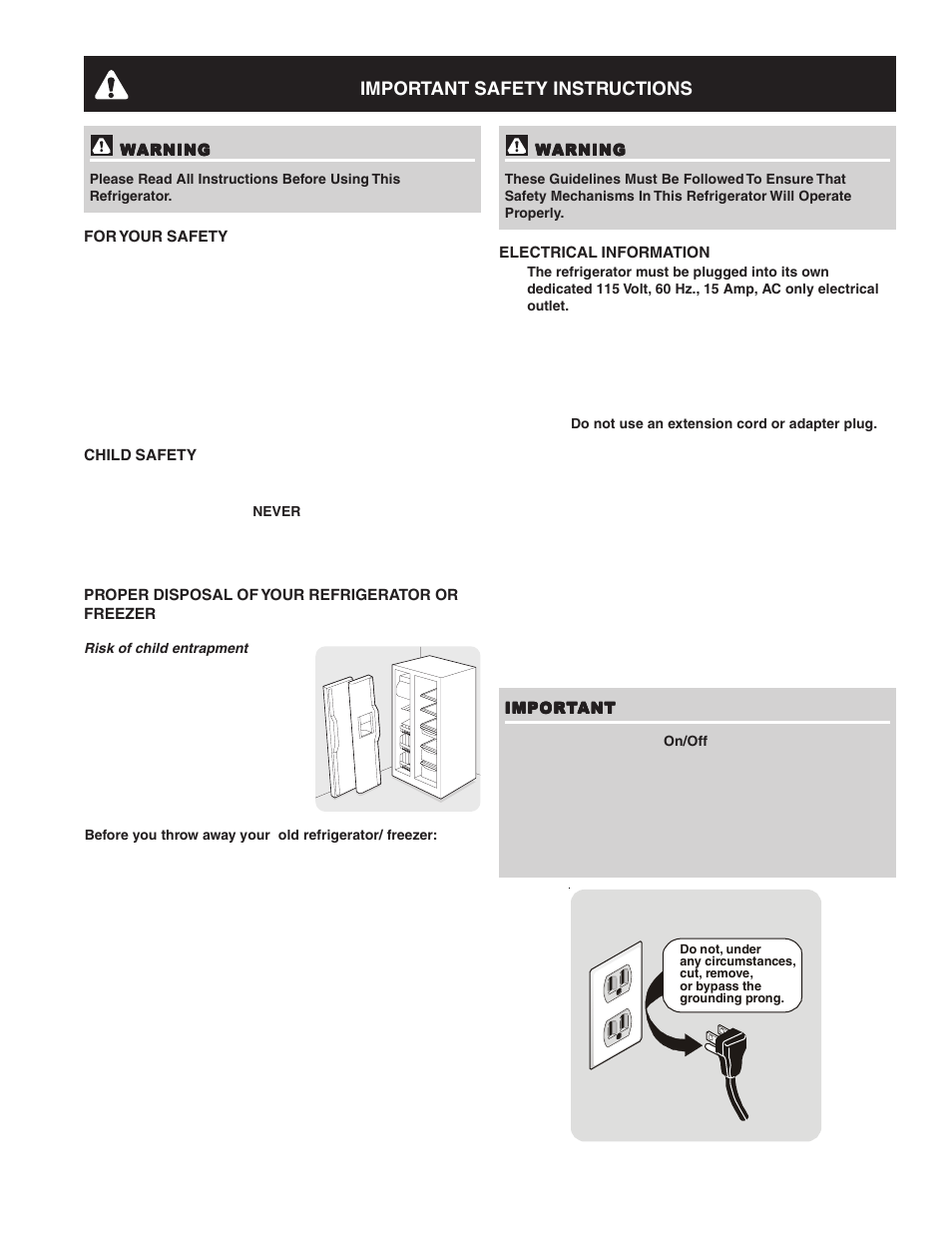 Important safety instructions | FRIGIDAIRE 241814800 User Manual | Page 3 / 28
