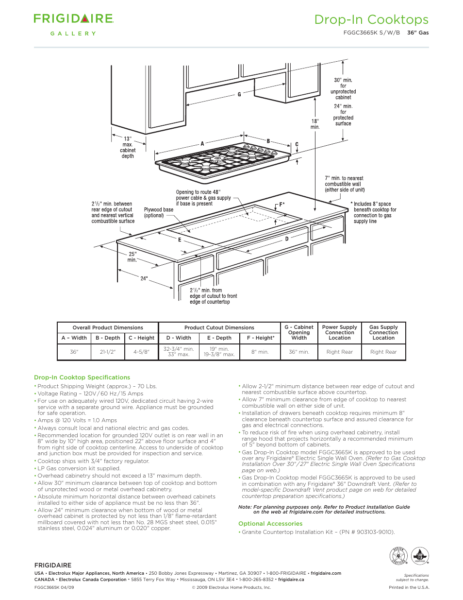 30"/36" drop-in gas cooktops, Professional, gallery & frigidaire, Drop-in cooktops | Callouts must be charted per individual model) | FRIGIDAIRE Gallery FGGC3665K User Manual | Page 2 / 3