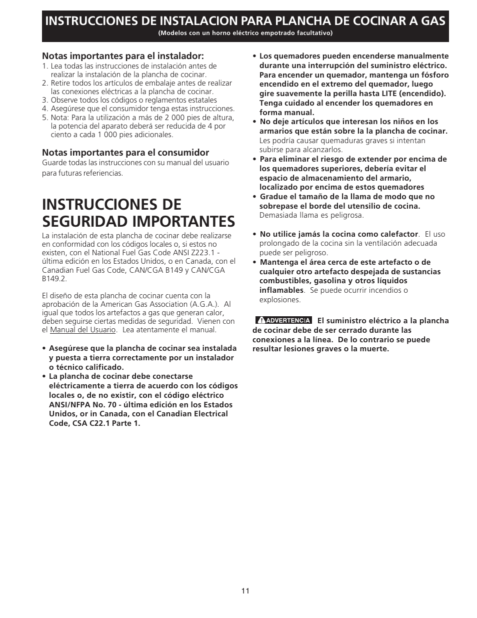 Instrucciones de seguridad importantes | FRIGIDAIRE FGC36S5EC User Manual | Page 11 / 28