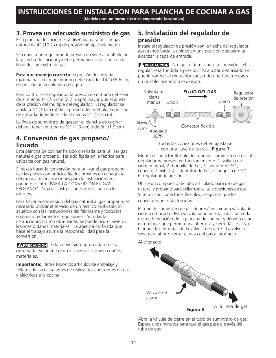 Provea un adecuado suministro de gas, Conversión de gas propano/ licuado, Instalación del regulador de presión | FRIGIDAIRE FGC36S5EC User Manual | Page 14 / 28