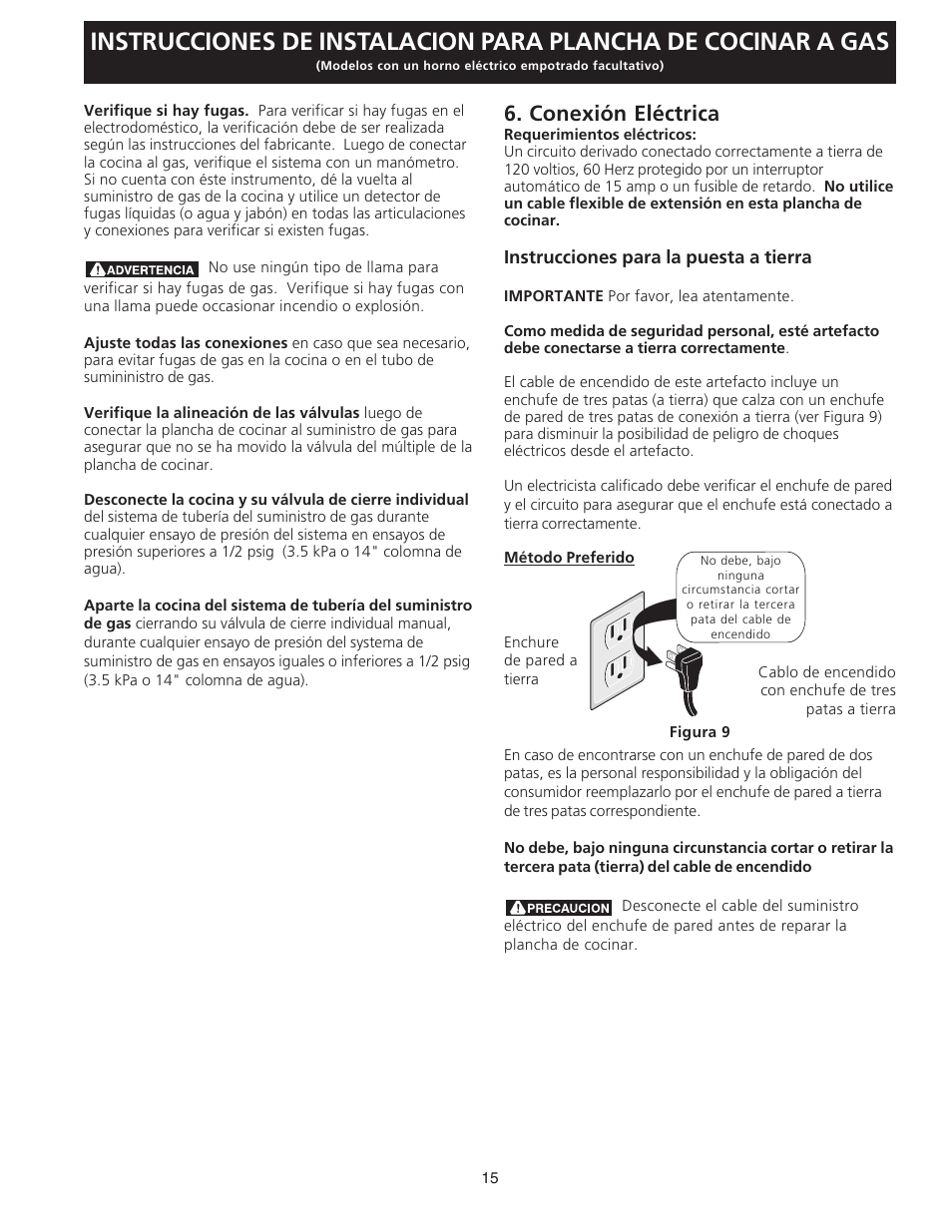 Conexión eléctrica | FRIGIDAIRE FGC36S5EC User Manual | Page 15 / 28