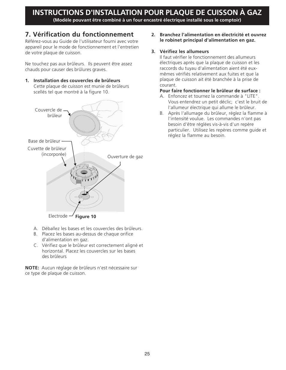 Vérification du fonctionnement | FRIGIDAIRE FGC36S5EC User Manual | Page 25 / 28