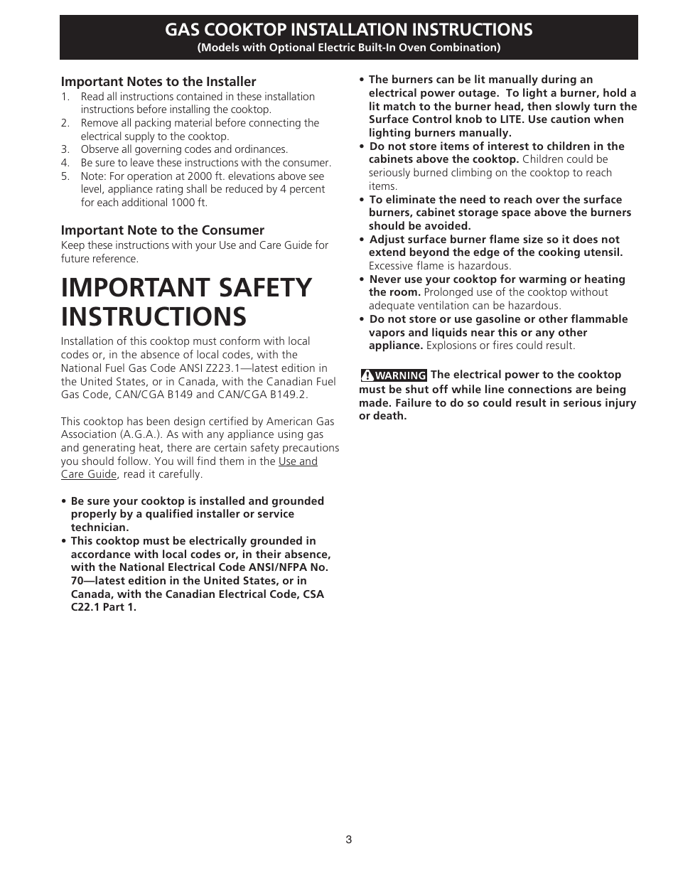 Important safety instructions, Gas cooktop installation instructions | FRIGIDAIRE FGC36S5EC User Manual | Page 3 / 28