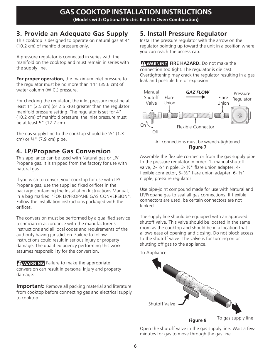 Gas cooktop installation instructions, Provide an adequate gas supply, Lp/propane gas conversion | Install pressure regulator | FRIGIDAIRE FGC36S5EC User Manual | Page 6 / 28