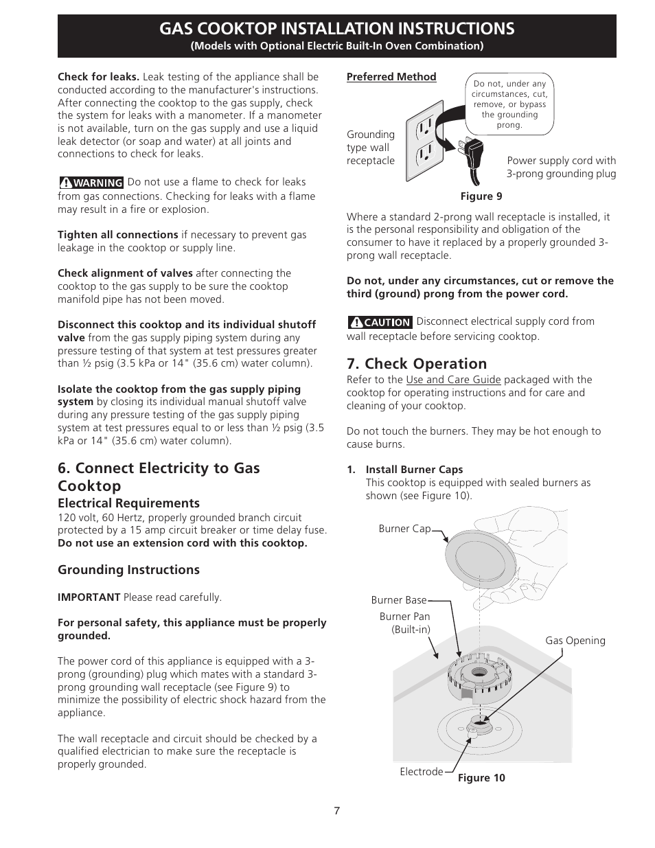 Gas cooktop installation instructions, Connect electricity to gas cooktop, Check operation | FRIGIDAIRE FGC36S5EC User Manual | Page 7 / 28
