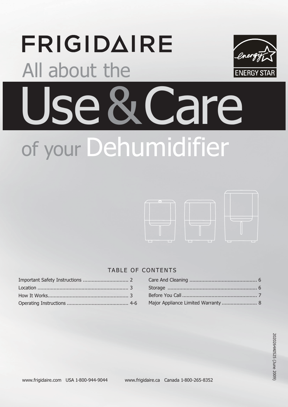 FRIGIDAIRE USE&CARE 2020264A0525 User Manual | 8 pages