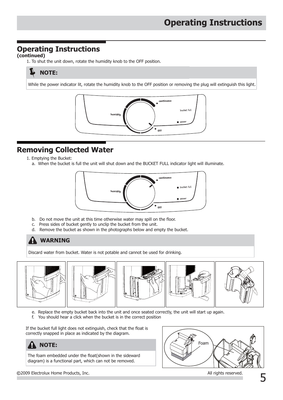 Operating instructions, Removing collected water | FRIGIDAIRE USE&CARE 2020264A0525 User Manual | Page 5 / 8