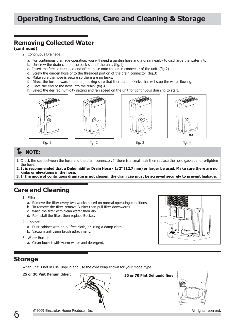Care and cleaning, Storage, Removing collected water | FRIGIDAIRE USE&CARE 2020264A0525 User Manual | Page 6 / 8