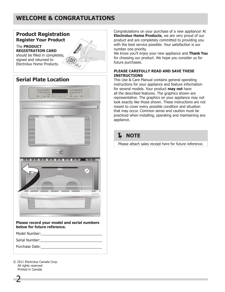 Product registration, Serial plate location | FRIGIDAIRE 318205308 User Manual | Page 2 / 28