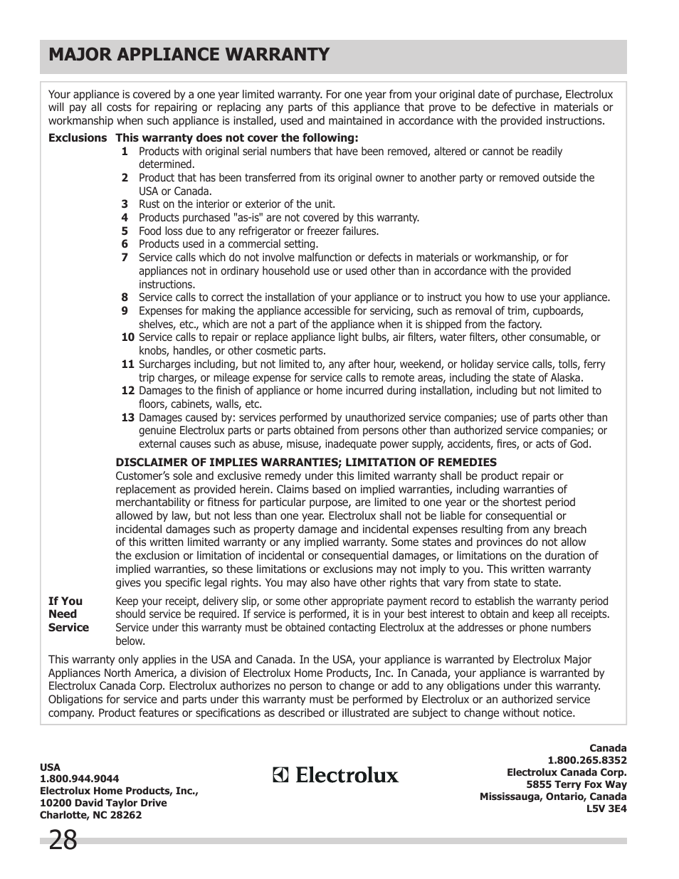 Major appliance warranty | FRIGIDAIRE 318205308 User Manual | Page 28 / 28