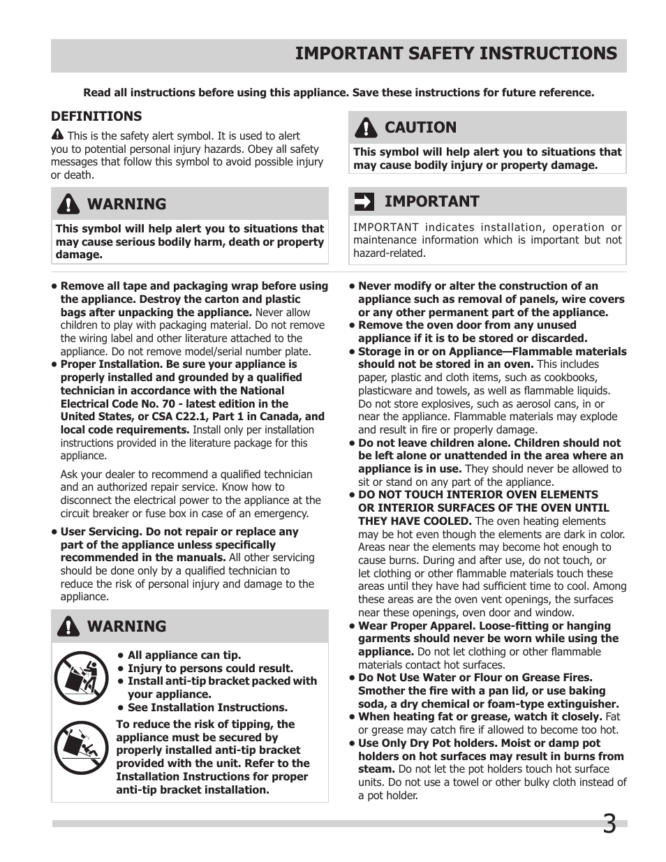 Important safety instructions, Warning, Important | Caution | FRIGIDAIRE 318205308 User Manual | Page 3 / 28