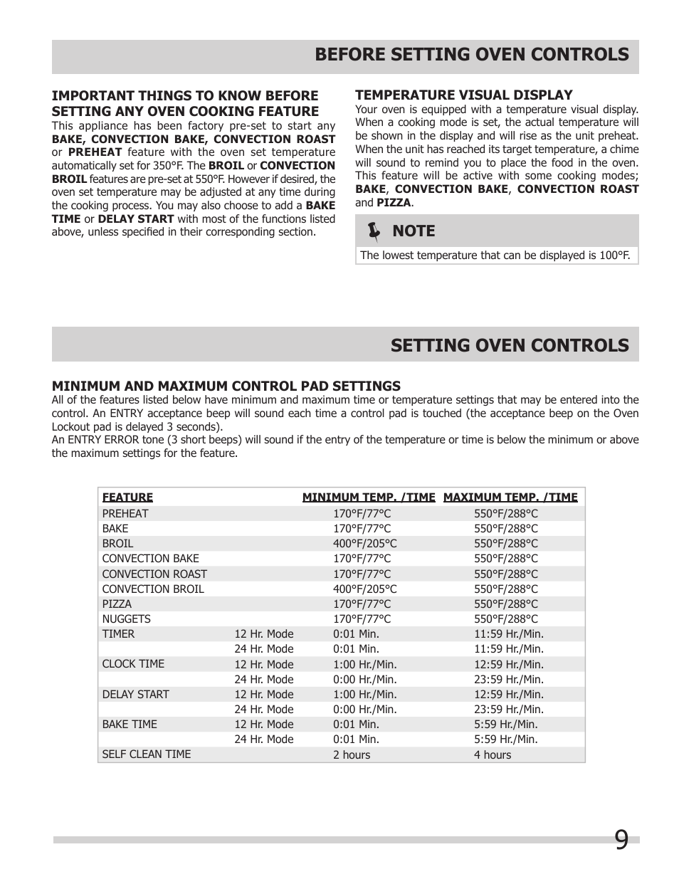 Before setting oven controls, Setting oven controls | FRIGIDAIRE 318205308 User Manual | Page 9 / 28