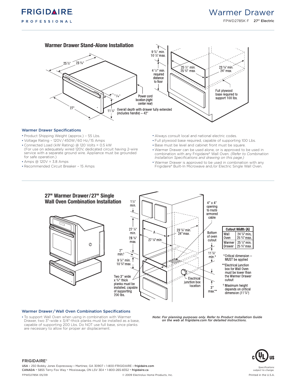 Warmer drawer | FRIGIDAIRE FPWD2785K User Manual | Page 2 / 3